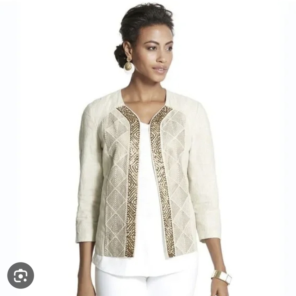 Chicos Artisan 100% Linen Embroidered Beaded Open Front Jacket 3/4 Sleeve XL